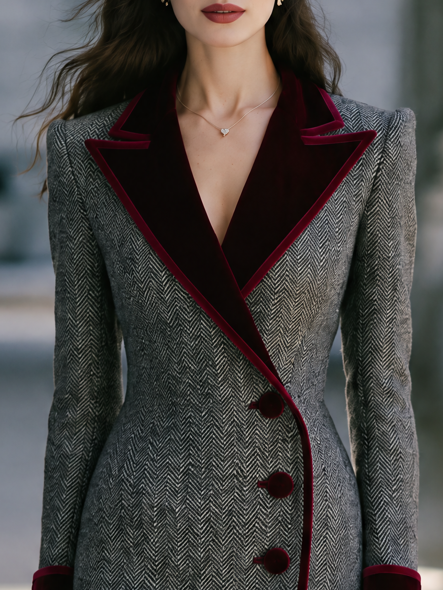 Elegant Velvet Notched Collar Herringbone Midi Coat Dress