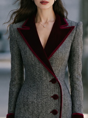 Elegant Velvet Notched Collar Herringbone Midi Coat Dress