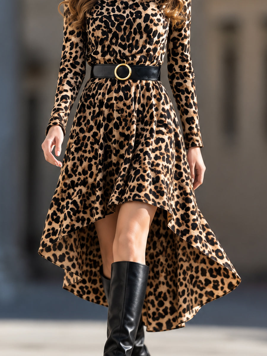 Leopard Print High-Low Belted Dress