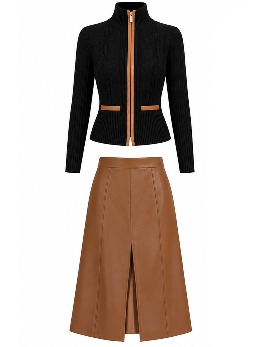 Cable-Knit Zip-Up Cardigan And Faux Leather Midi Skirt Set