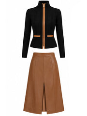 Cable-Knit Zip-Up Cardigan And Faux Leather Midi Skirt Set