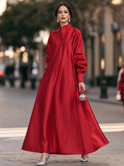 High-Neck V-Placket Satin A-Line Maxi Dress