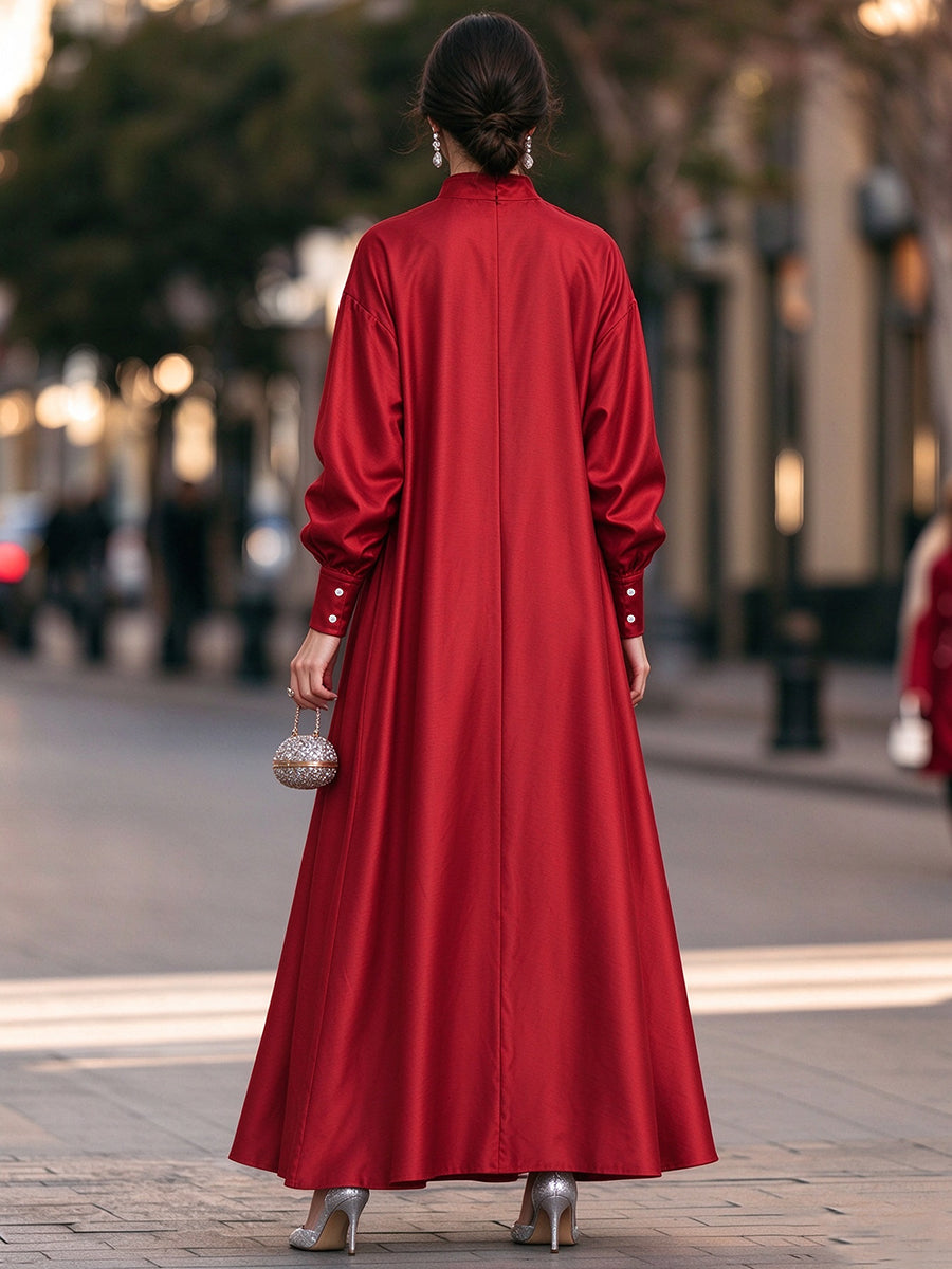 High-Neck V-Placket Satin A-Line Maxi Dress