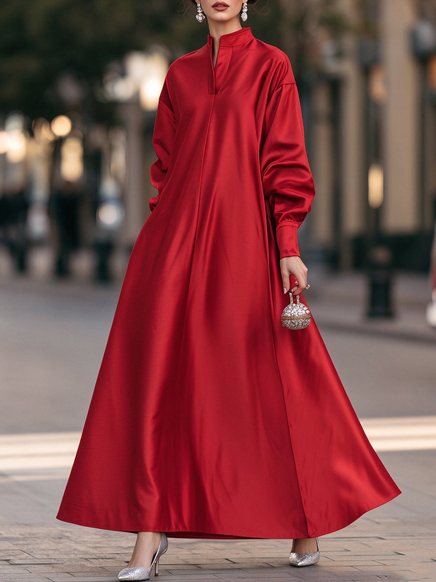 High-Neck V-Placket Satin A-Line Maxi Dress