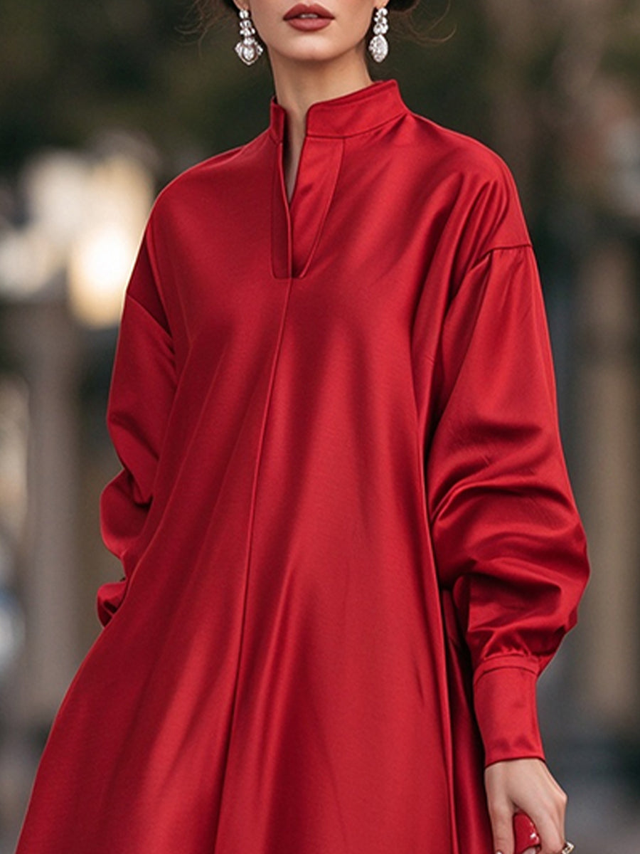 High-Neck V-Placket Satin A-Line Maxi Dress