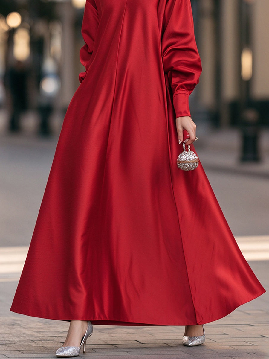 High-Neck V-Placket Satin A-Line Maxi Dress
