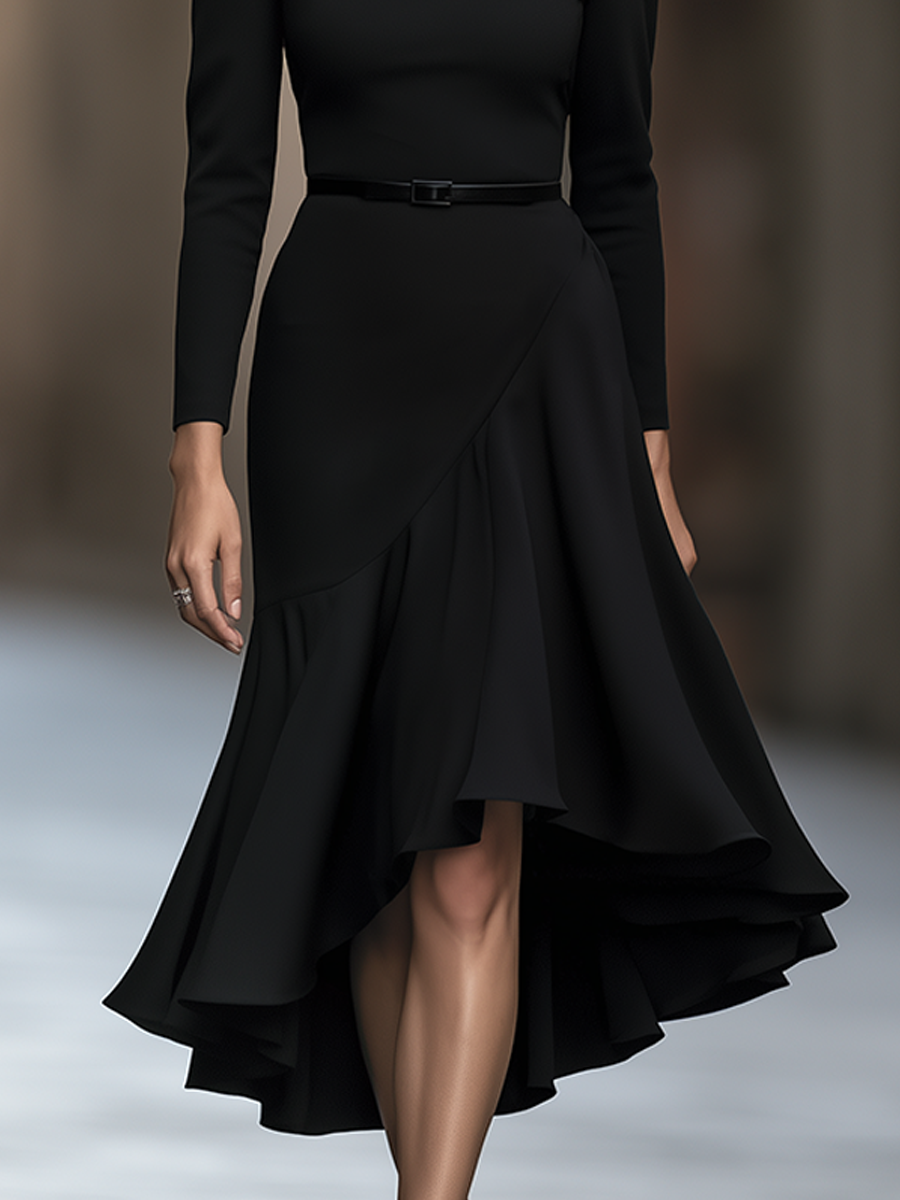 Belted Asymmetric Ruffle Hem Maxi Dress