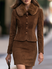 Plush Collar Tailored Jacket And Mini Skirt Set