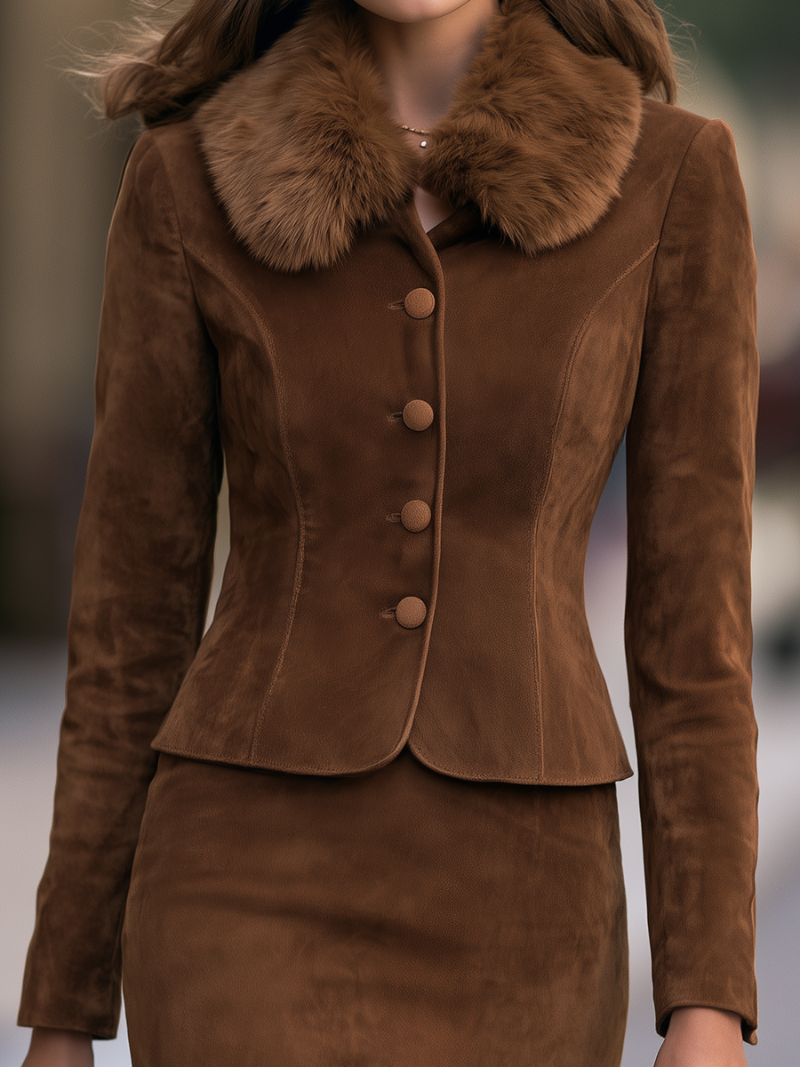 Plush Collar Tailored Jacket And Mini Skirt Set