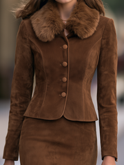 Plush Collar Tailored Jacket And Mini Skirt Set