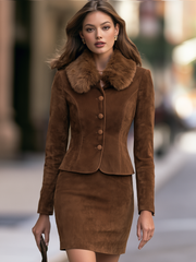 Plush Collar Tailored Jacket And Mini Skirt Set