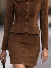 Plush Collar Tailored Jacket And Mini Skirt Set