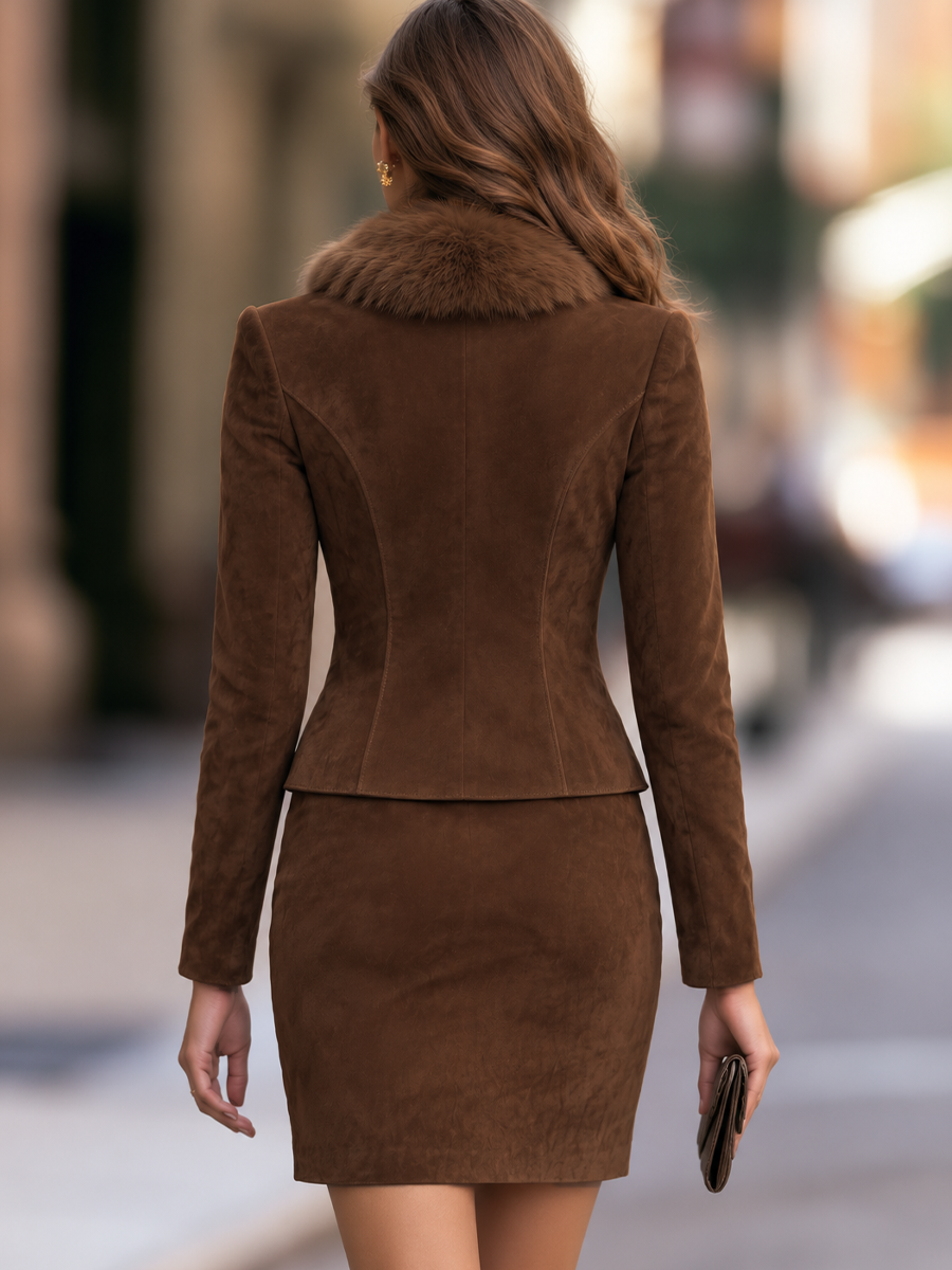 Plush Collar Tailored Jacket And Mini Skirt Set