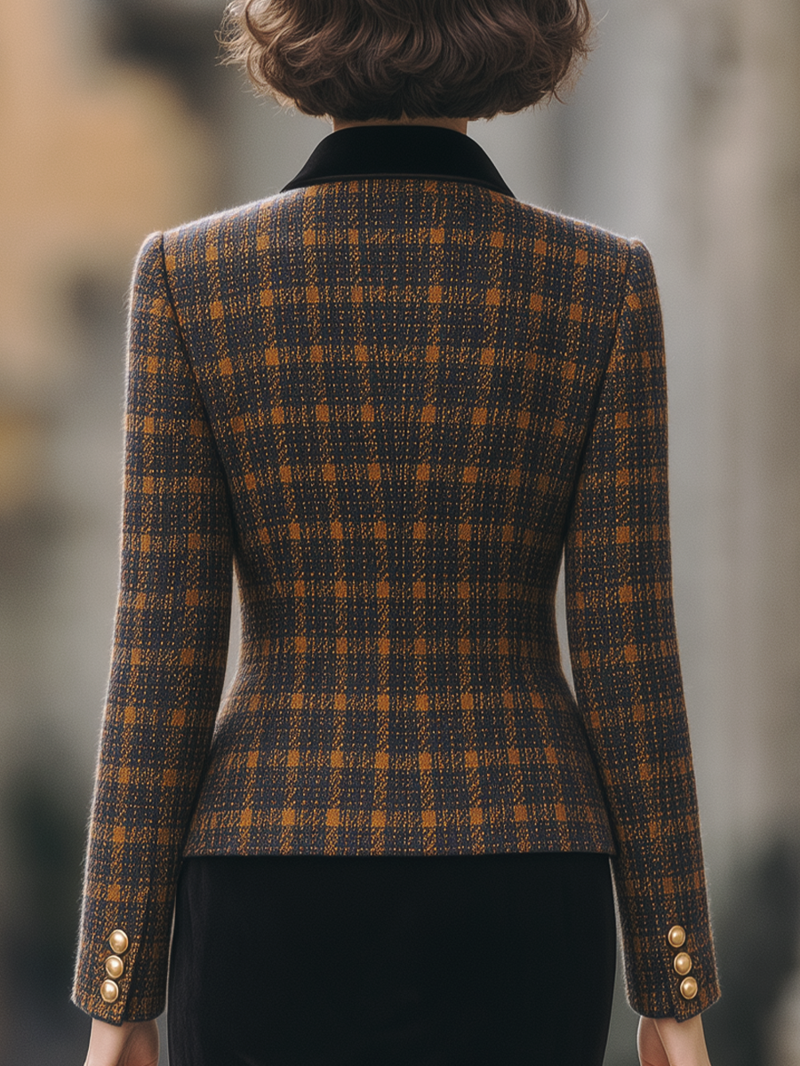 Plaid Wool Blend Velvet Lapel Cropped Blazer