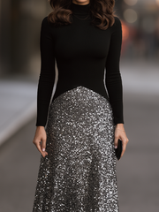 Mock Neck Sequin Skirt Maxi Dress
