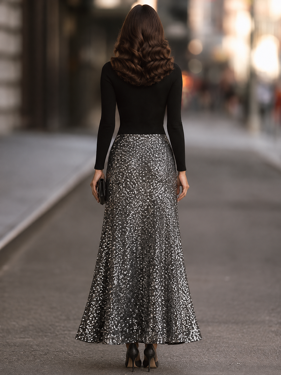 Mock Neck Sequin Skirt Maxi Dress
