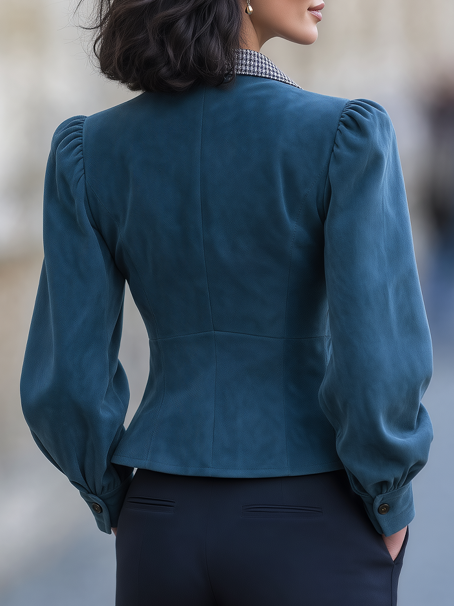 Teal Faux Suede Houndstooth Collar Puff Sleeve Cropped Jacket
