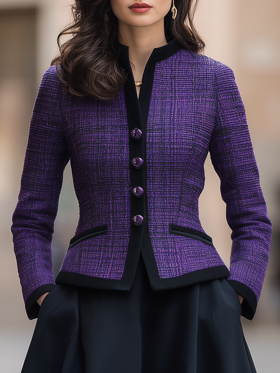 Purple Tweed Black Trim Mandarin Collar Fitted Jacket