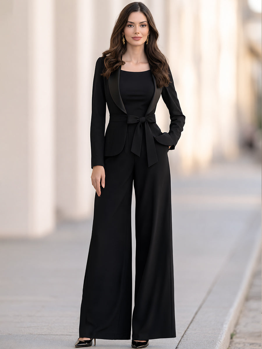 Elegant Shawl-Collar Belted Blazer & Wide-Leg Trouser Set (Includes Bow-Tie Belt)
