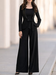 Elegant Shawl-Collar Belted Blazer & Wide-Leg Trouser Set (Includes Bow-Tie Belt)