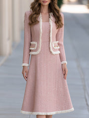 Elegant Fringe Trim Tweed Jacket And A-Line Midi Dress Two-Piece Set
