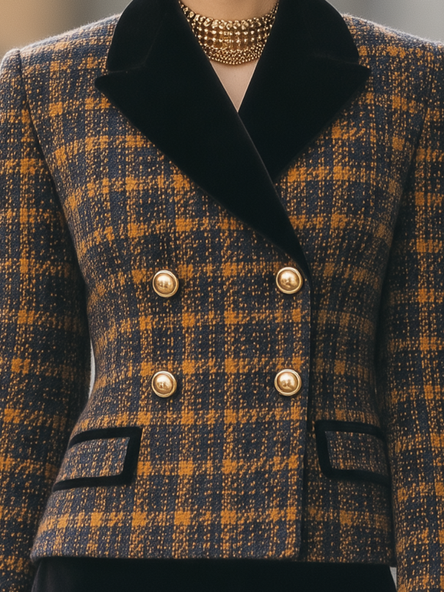 Plaid Wool Blend Velvet Lapel Cropped Blazer