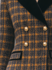 Plaid Wool Blend Velvet Lapel Cropped Blazer
