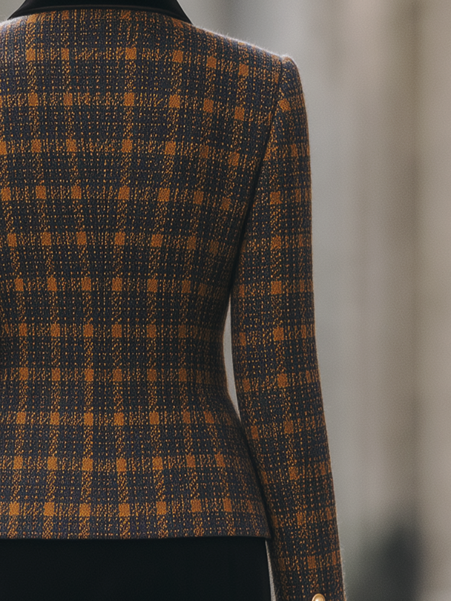 Plaid Wool Blend Velvet Lapel Cropped Blazer