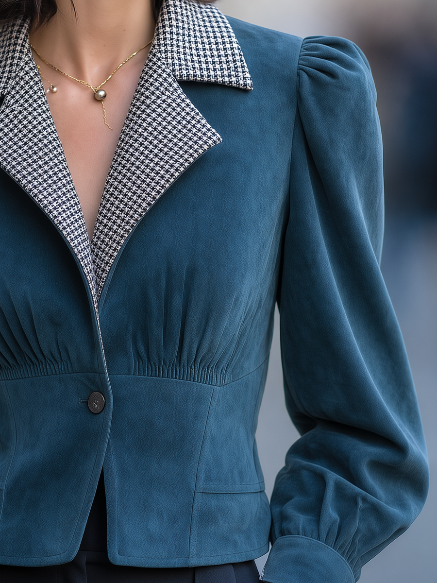 Teal Faux Suede Houndstooth Collar Puff Sleeve Cropped Jacket