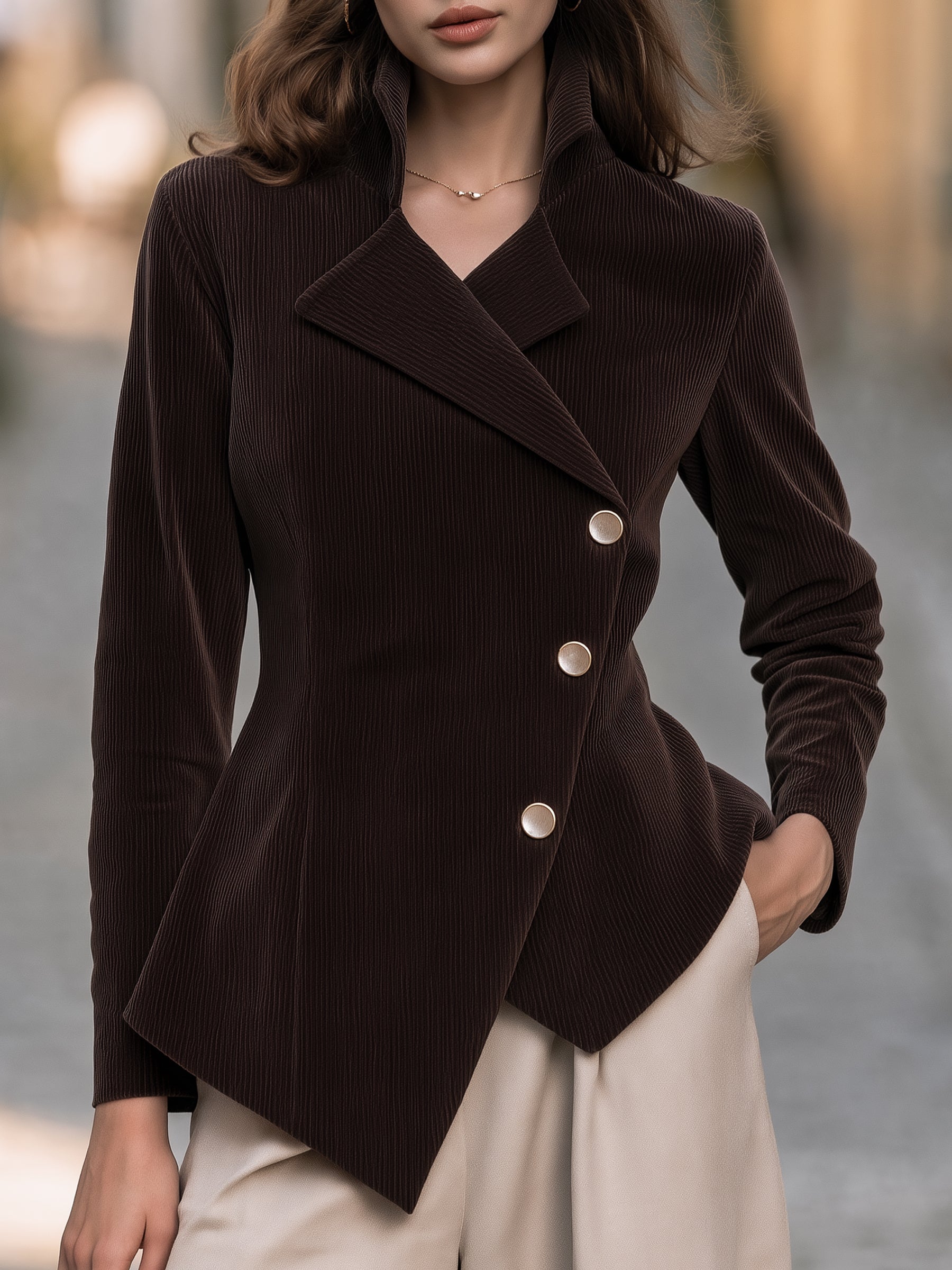 Asymmetric Double-Breasted Corduroy Jacket