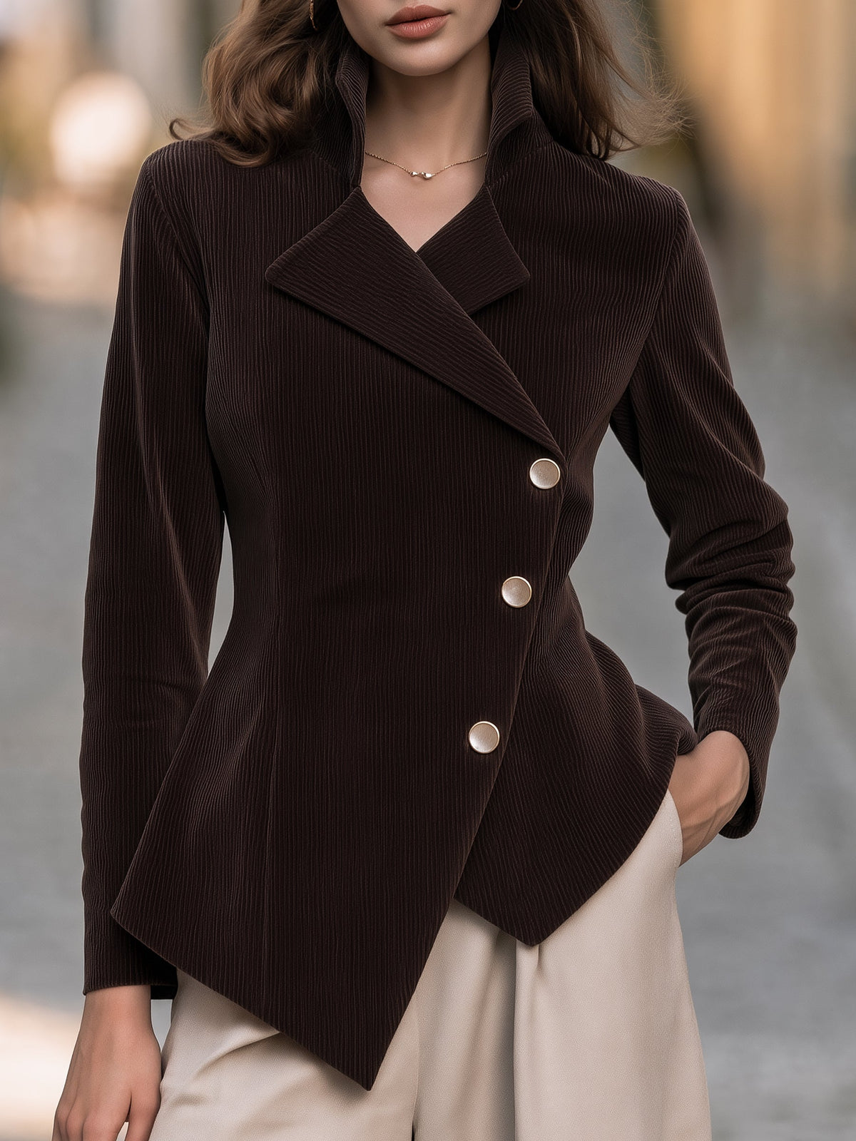Asymmetric Double-Breasted Corduroy Jacket