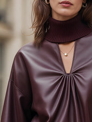 Faux Leather Cutout Turtleneck Blouse