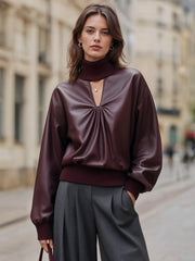Faux Leather Cutout Turtleneck Blouse