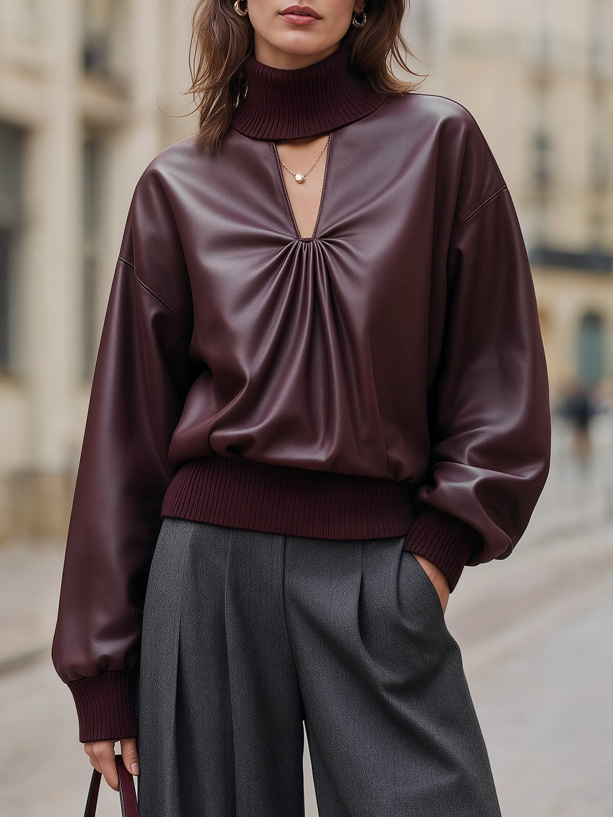Faux Leather Cutout Turtleneck Blouse