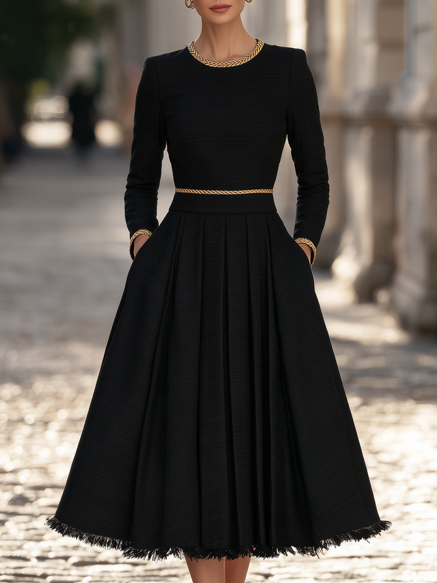 Gold Trim Fit And Flare Tweed Midi Dress