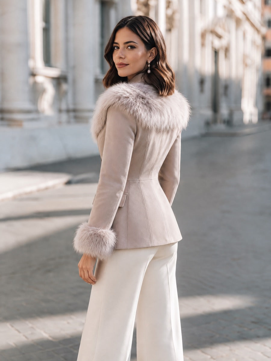 Elegant Faux Fur Trim Flap Pockets Fitted Jacket