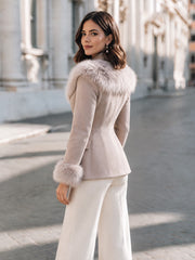 Elegant Faux Fur Trim Flap Pockets Fitted Jacket