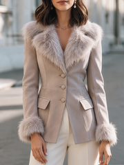 Elegant Faux Fur Trim Flap Pockets Fitted Jacket