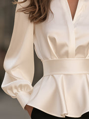 Keyhole-Neck Satin Peplum Blouse