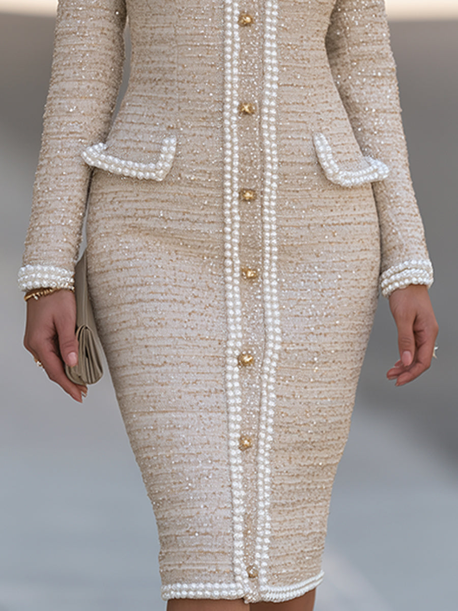 Elegant Pearl Trim Tweed Button-Front Sheath Dress