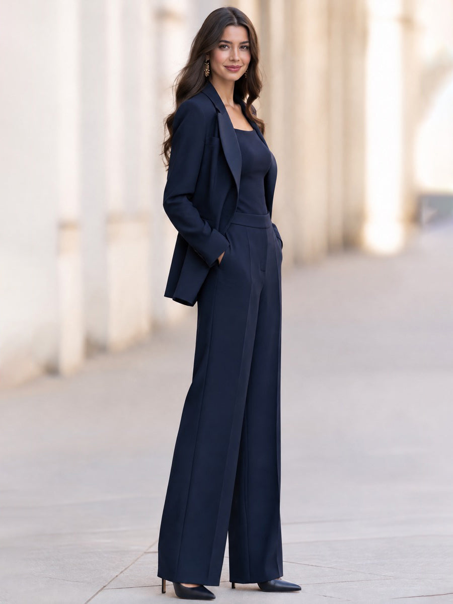 Women's Navy Satin Peak Lapel Blazer and High-Waist Wide-Leg Trousers Suit Set