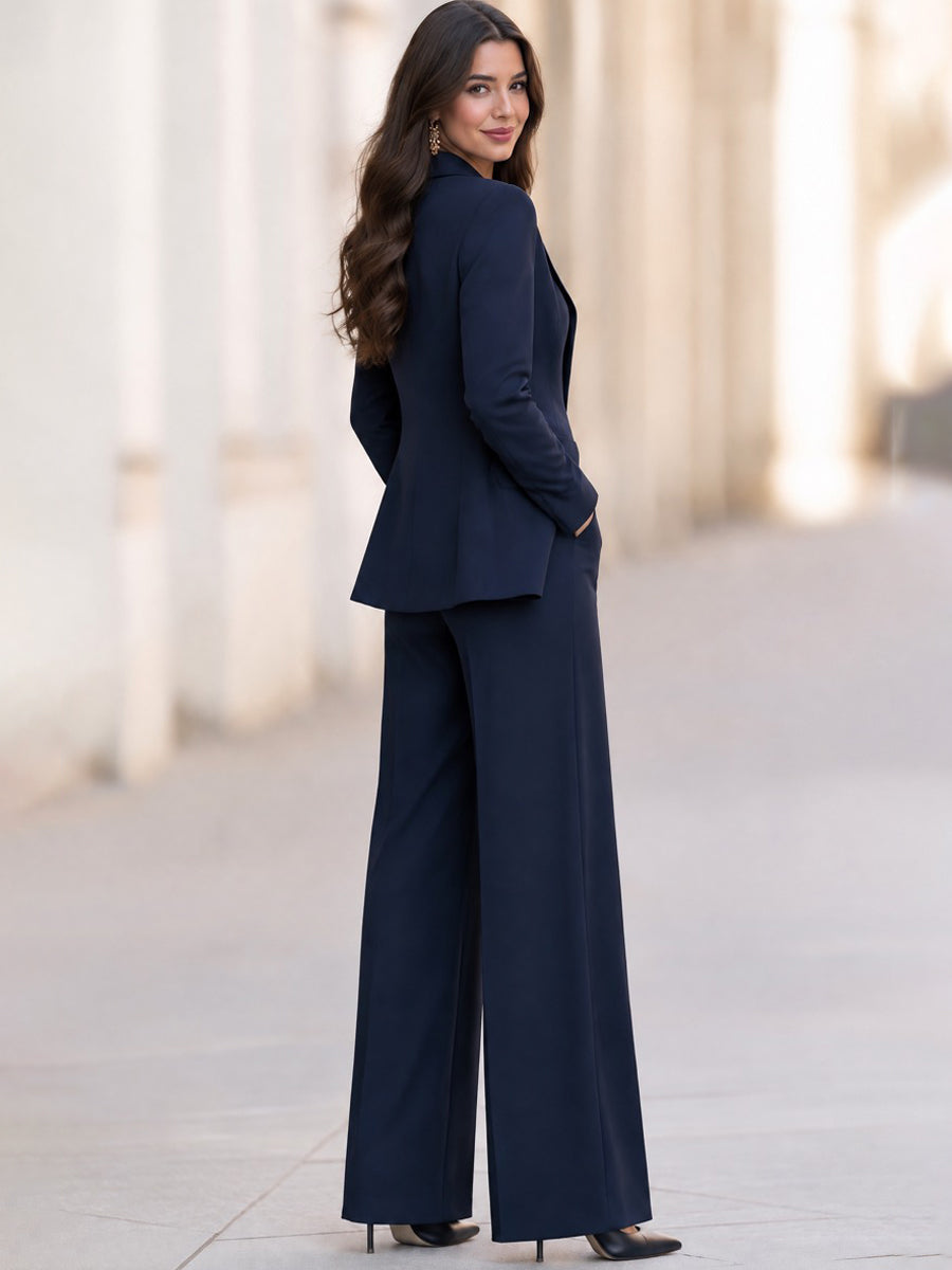 Women's Navy Satin Peak Lapel Blazer and High-Waist Wide-Leg Trousers Suit Set