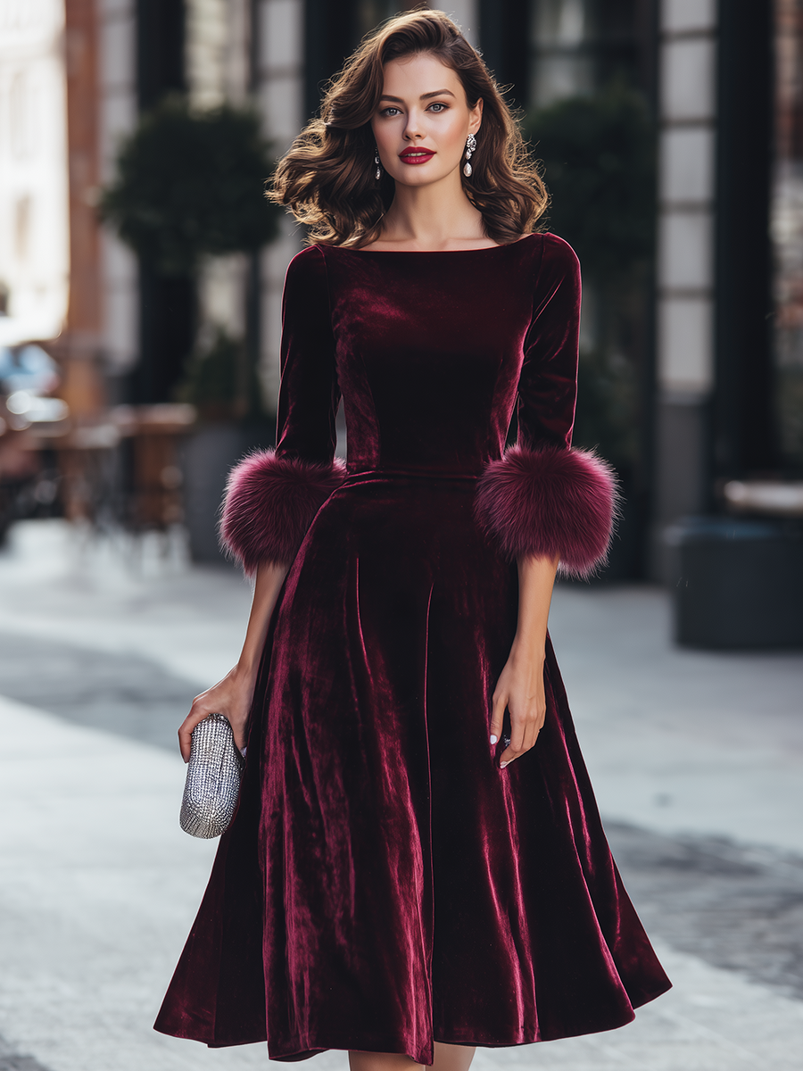 Velvet Plush Cuff Fit And Flare Midi Dress
