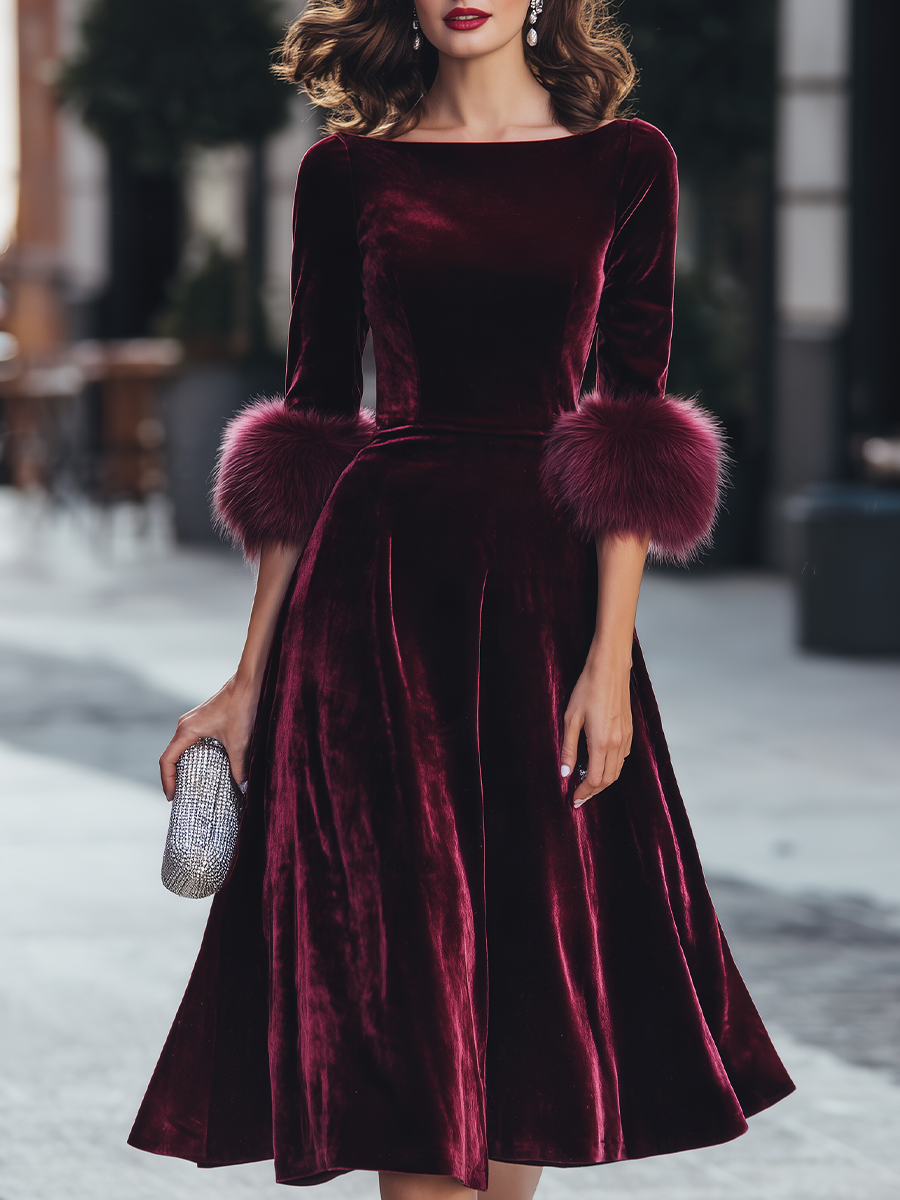 Velvet Plush Cuff Fit And Flare Midi Dress