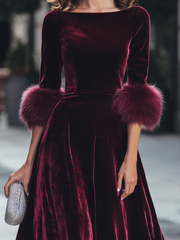 Velvet Plush Cuff Fit And Flare Midi Dress