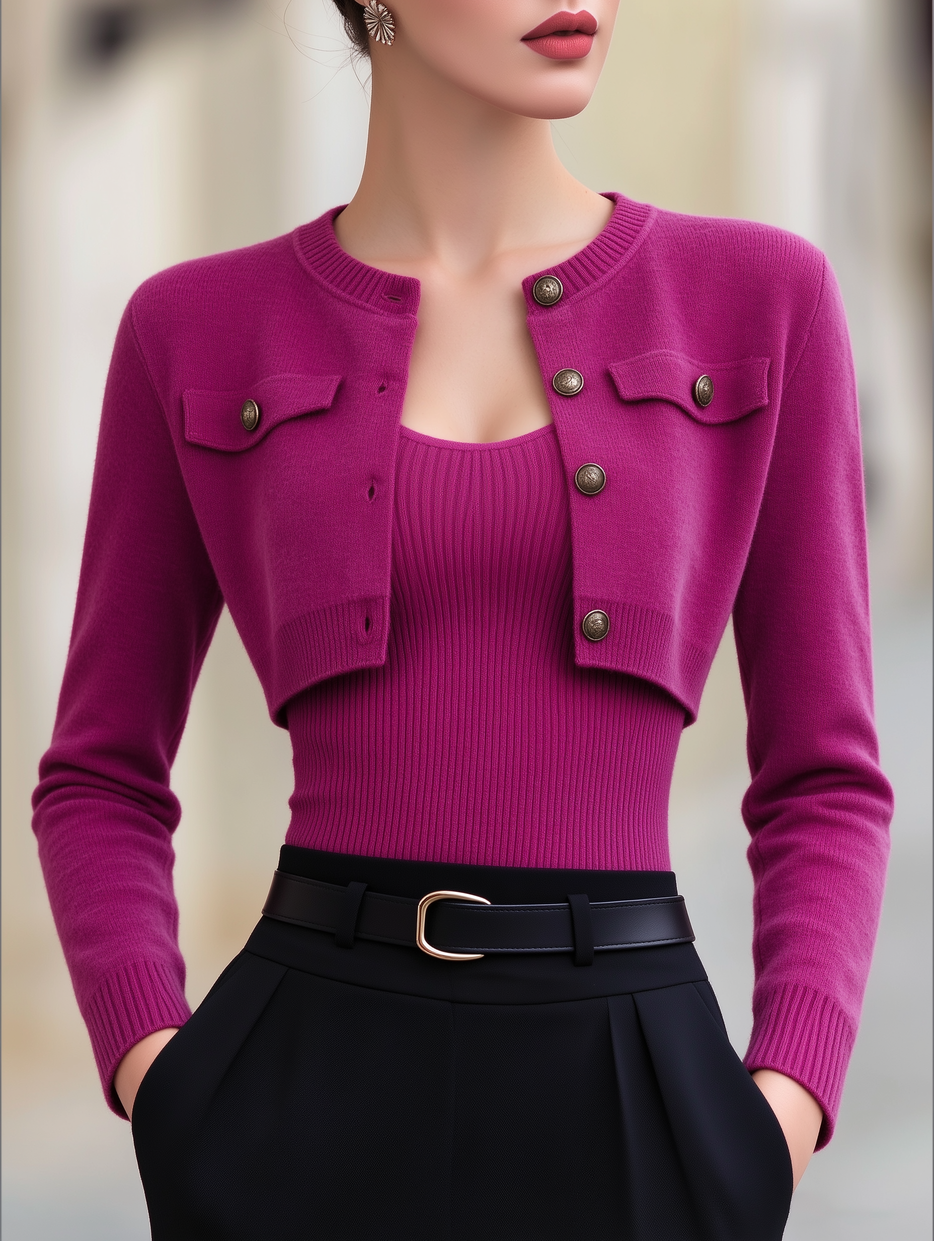 Cropped Knit Cardigan And Ribbed Camisole Two-Piece Set
