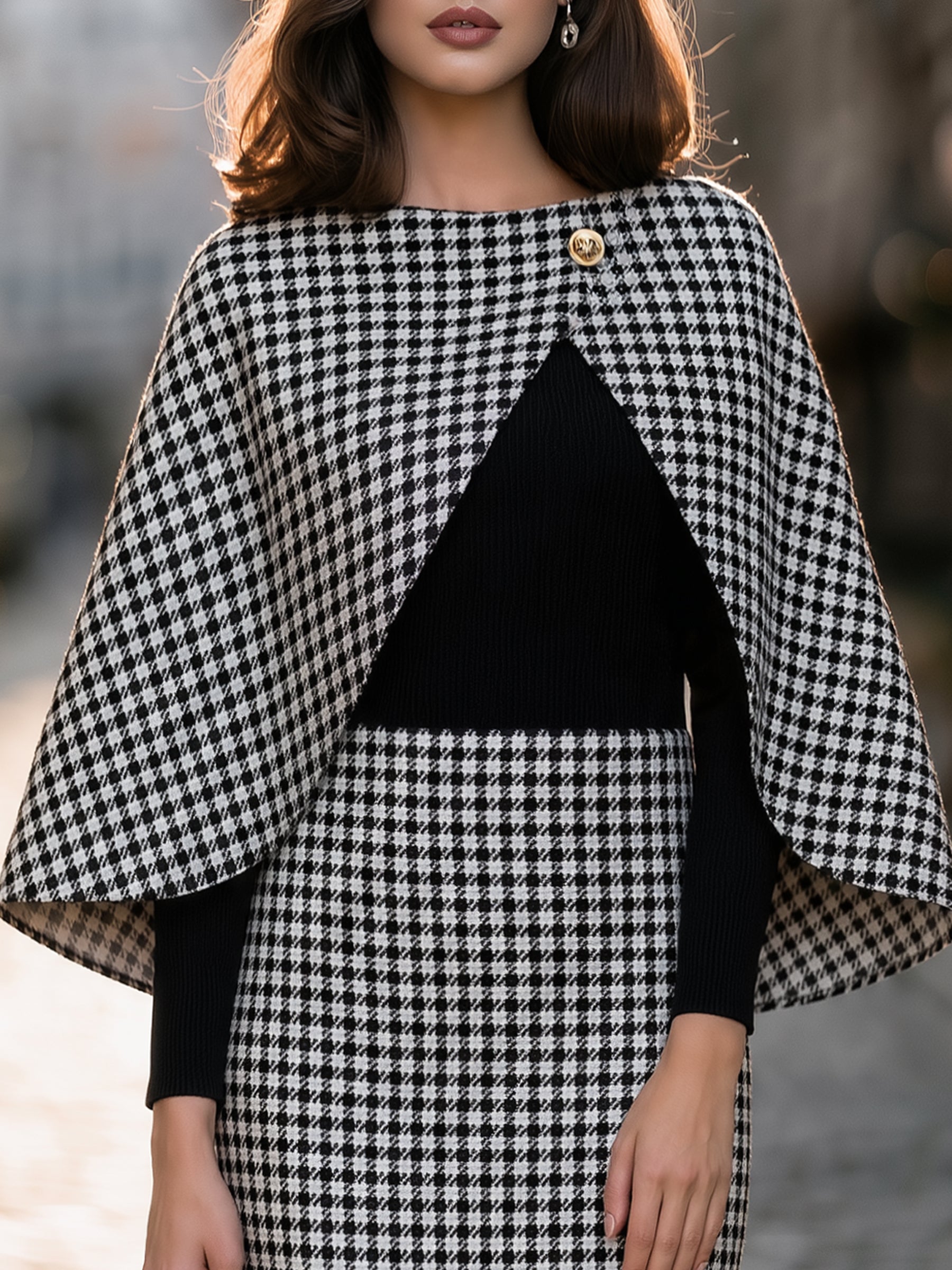 Houndstooth Cape-Overlay Midi Dress