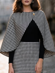 Houndstooth Cape-Overlay Midi Dress
