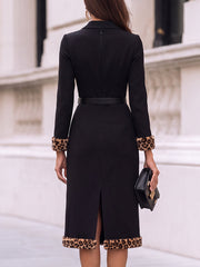 Black Leopard Trim Blazer Midi Dress