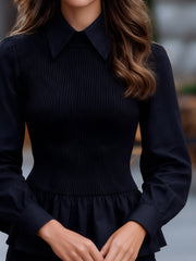 Ribbed Knit Collared Peplum Sweater